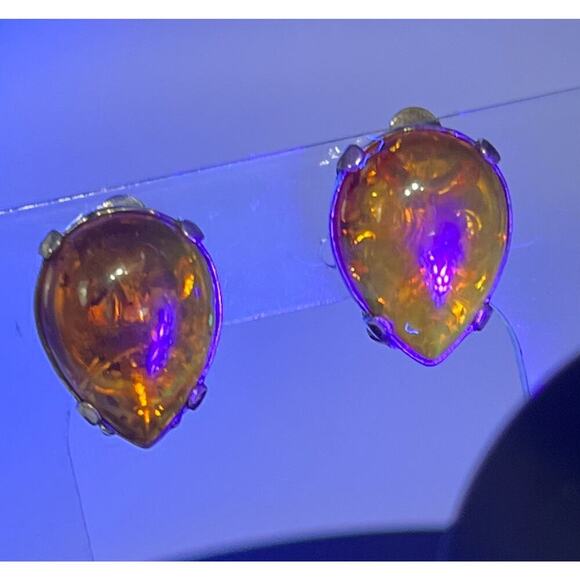 Sterling Silver 925 Prong Teardrop Shape Glowing Amber Stud Clip On Earrings - Picture 12 of 13